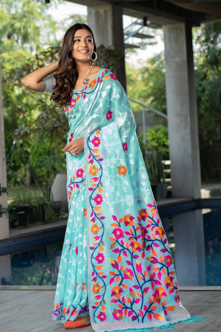 Ruhani Sky Blue Cotton Jamdani Saree