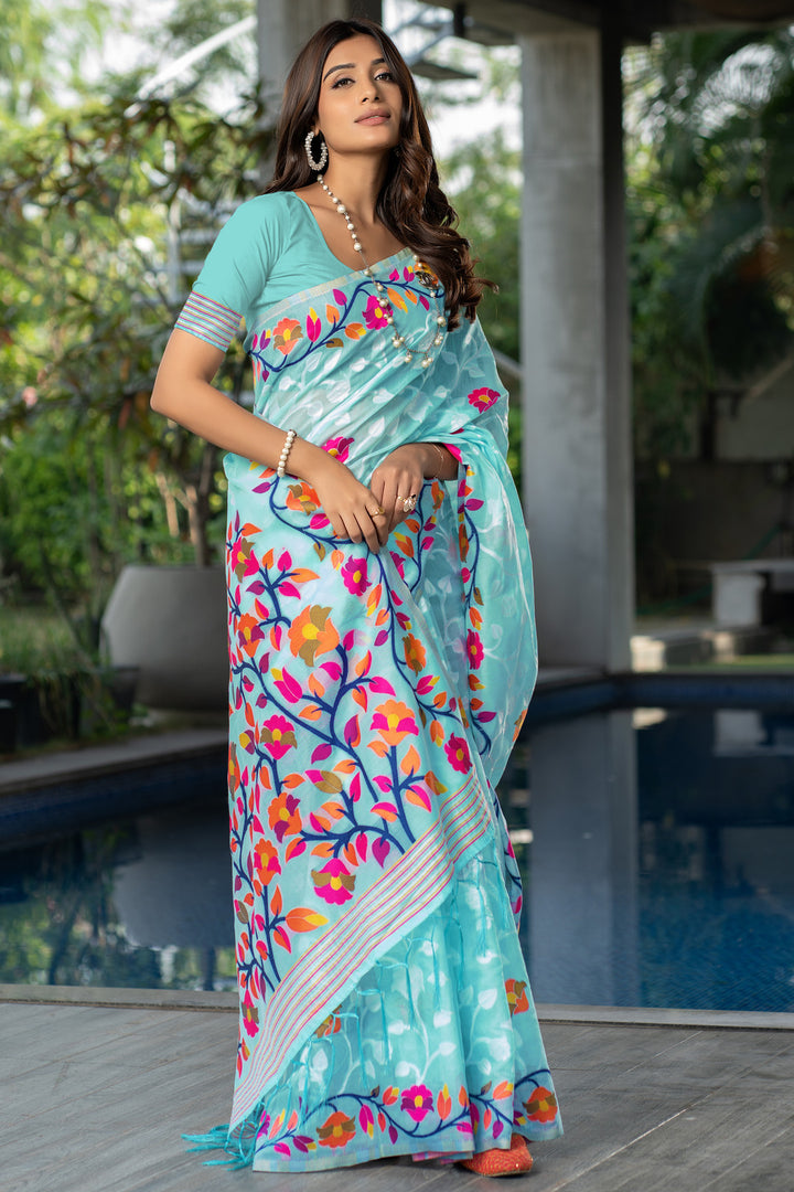 Ruhani Sky Blue Cotton Jamdani Saree