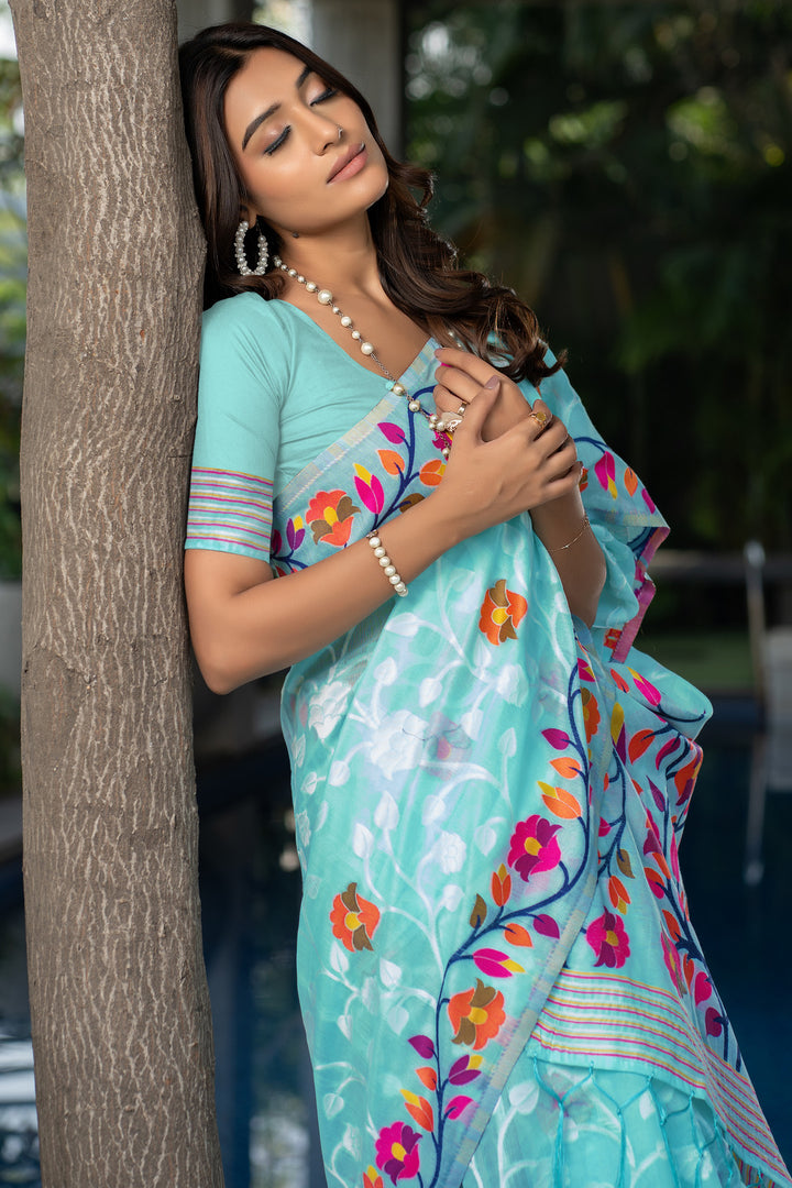 Ruhani Sky Blue Cotton Jamdani Saree