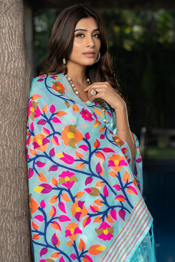 Ruhani Sky Blue Cotton Jamdani Saree