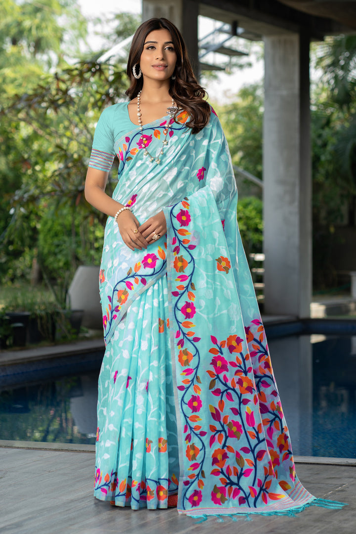 Ruhani Sky Blue Cotton Jamdani Saree