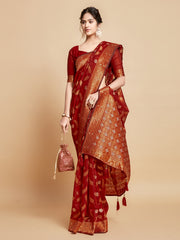 Sargam Barn Red Zari Woven Design Linen Saree