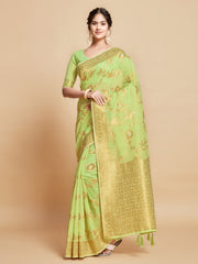 Sargam Royal Lime Green Zari Woven Design Linen Saree
