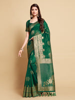 Load image into Gallery viewer, Satrangi Leaf Green Zari Woven Design Linen Saree
