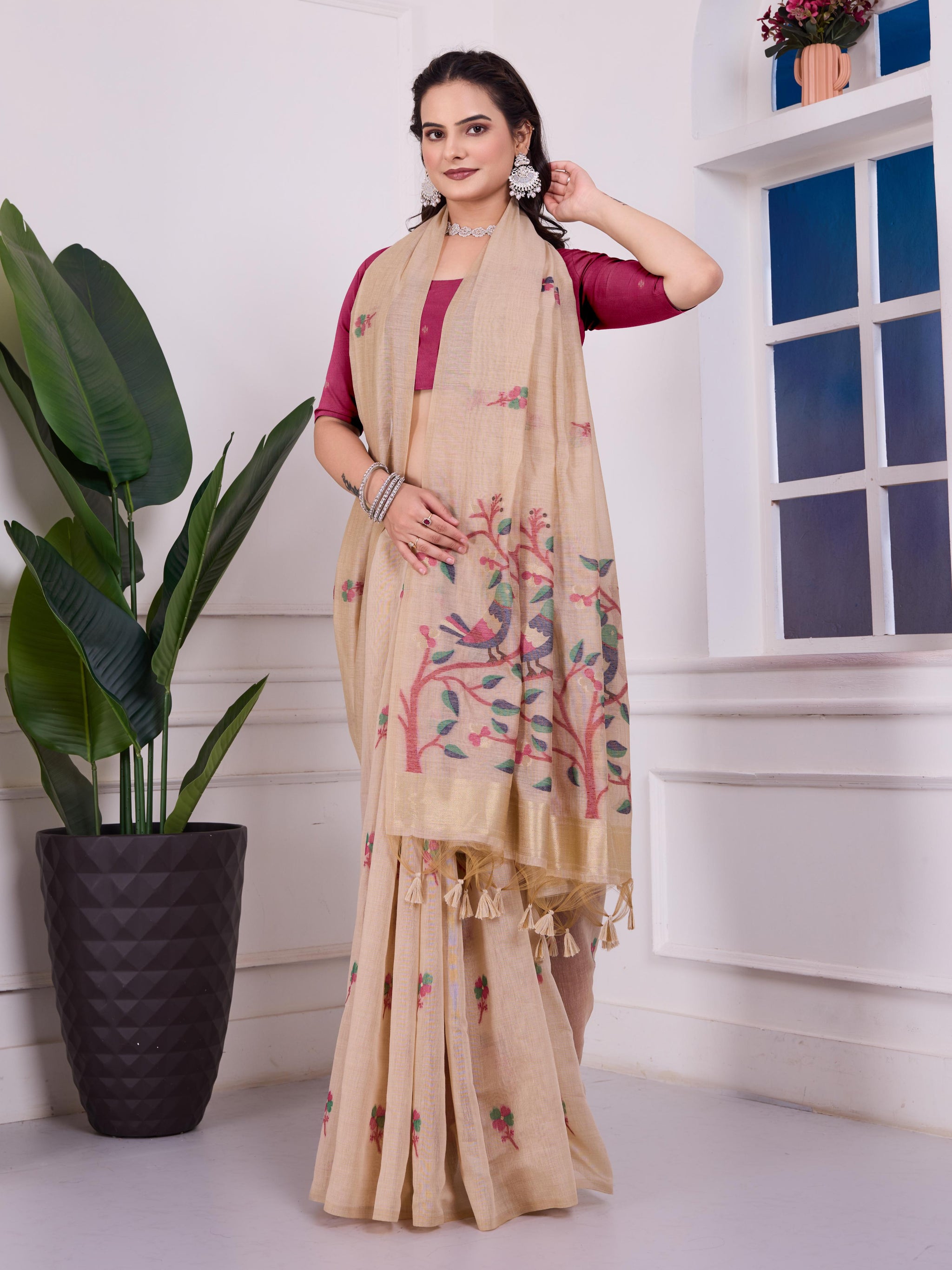 Shailja Oat Beige Muga Cotton Jamdani Saree With Contrast Blouse