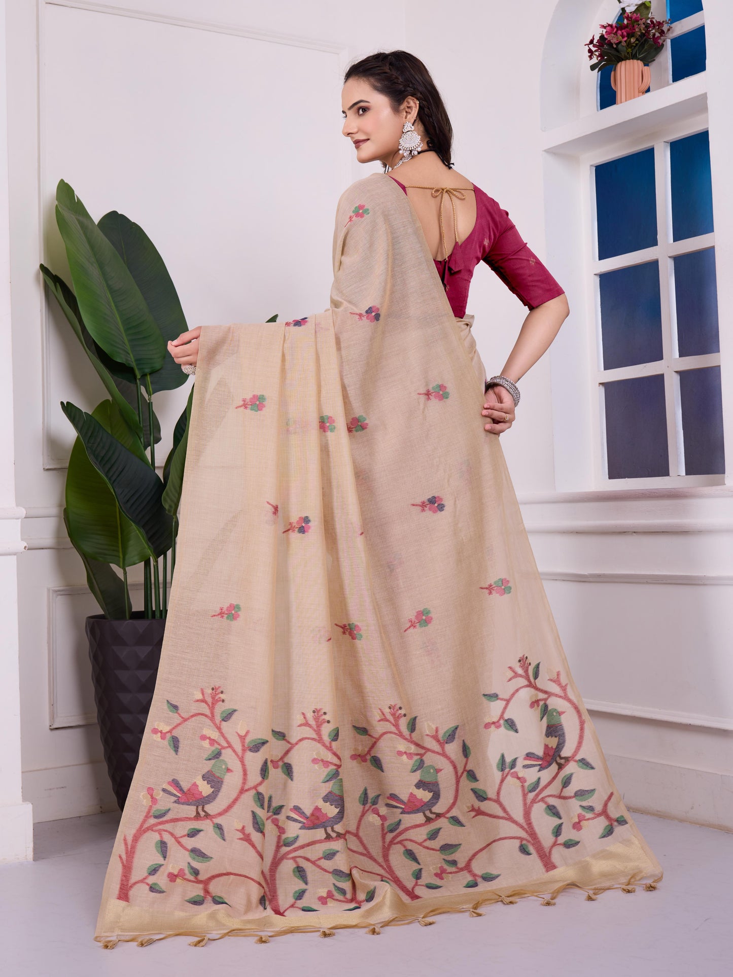 Shailja Oat Beige Muga Cotton Jamdani Saree With Contrast Blouse