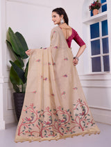 Shailja Oat Beige Muga Cotton Jamdani Saree With Contrast Blouse