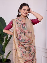 Shailja Oat Beige Muga Cotton Jamdani Saree With Contrast Blouse