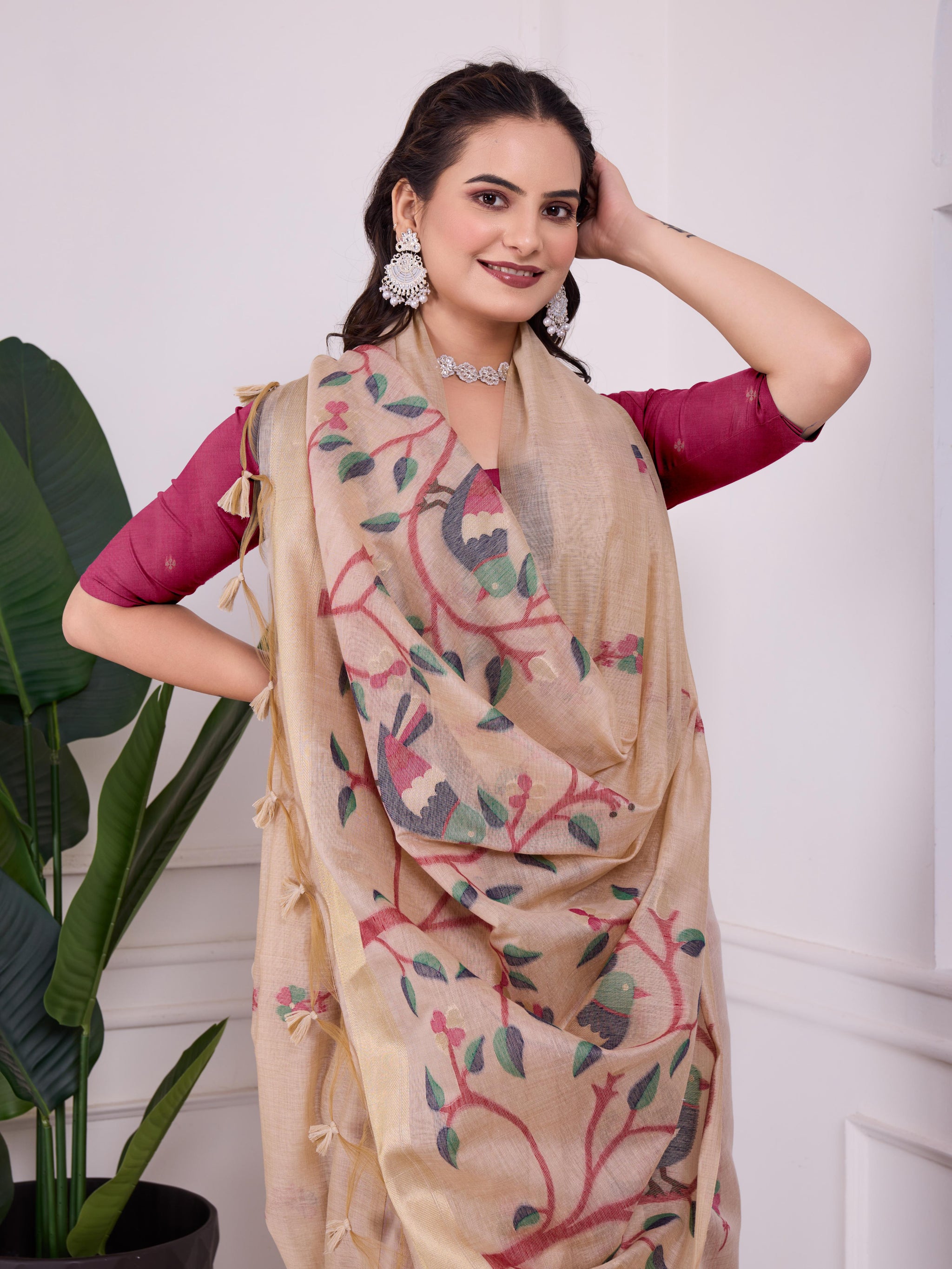 Shailja Oat Beige Muga Cotton Jamdani Saree With Contrast Blouse