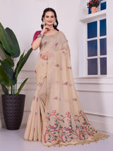 Shailja Oat Beige Muga Cotton Jamdani Saree With Contrast Blouse