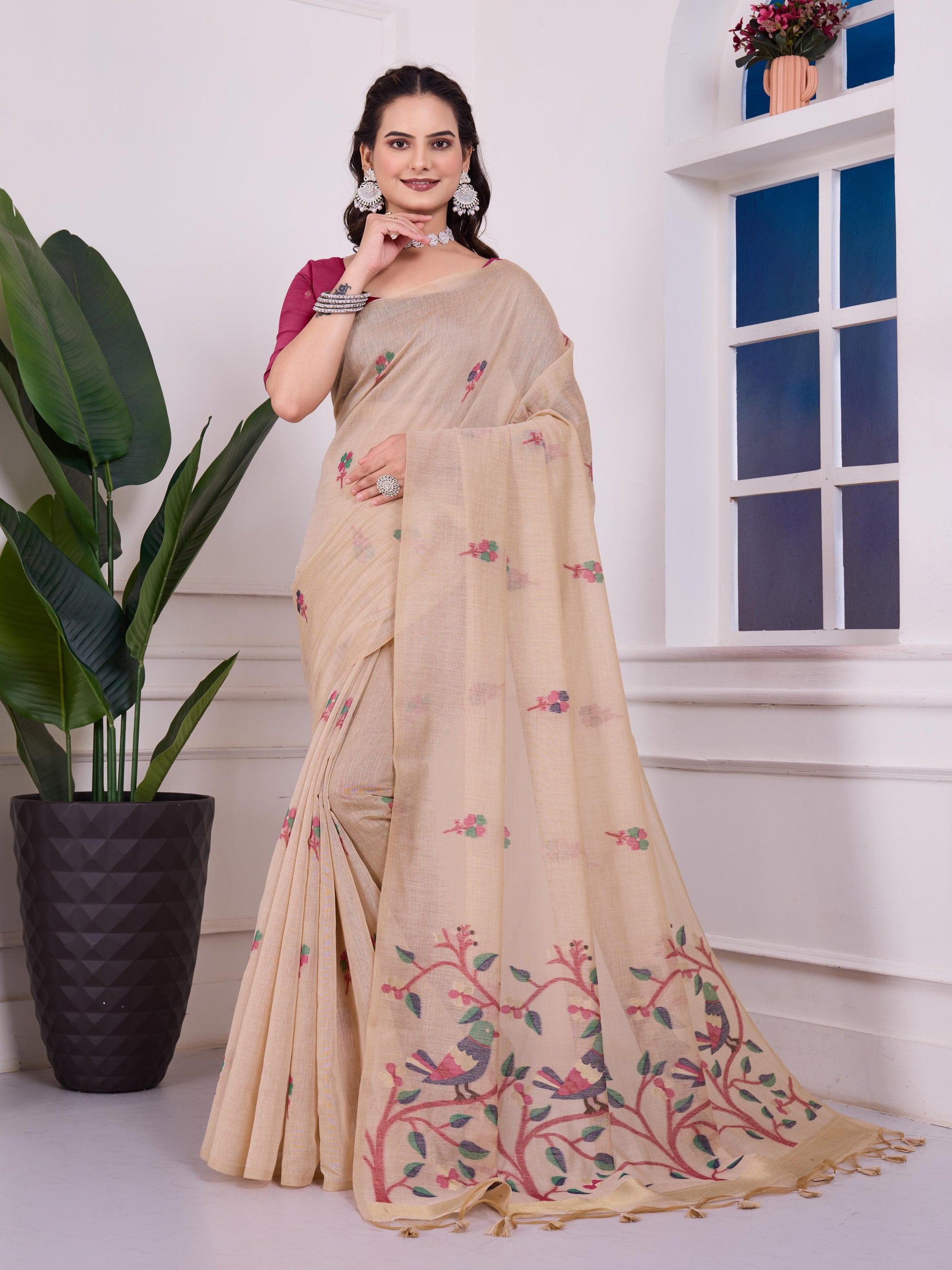 Shailja Oat Beige Muga Cotton Jamdani Saree With Contrast Blouse