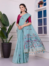 Shailja Frozen Sky Blue Muga Cotton Jamdani Saree With Contrast Blouse