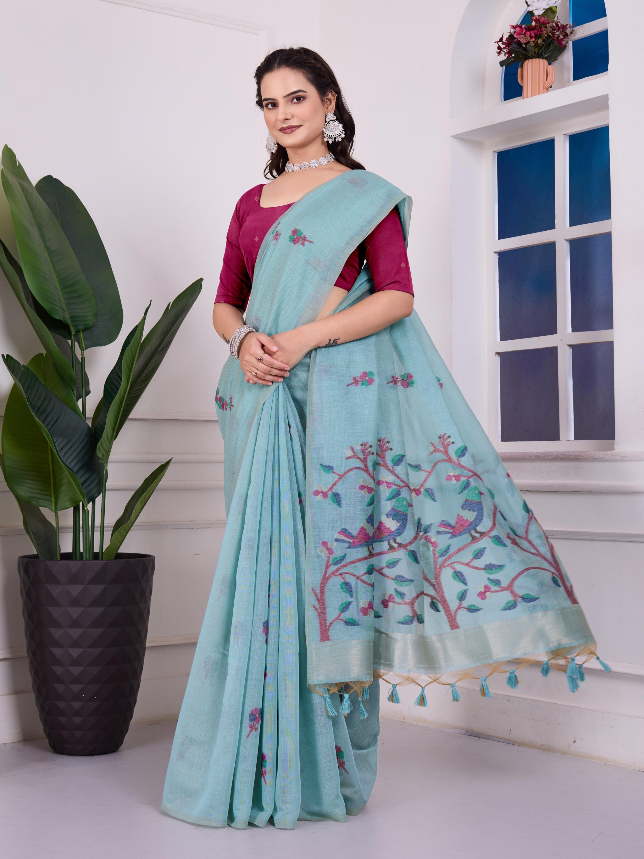 Shailja Frozen Sky Blue Muga Cotton Jamdani Saree With Contrast Blouse