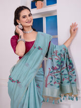 Shailja Frozen Sky Blue Muga Cotton Jamdani Saree With Contrast Blouse