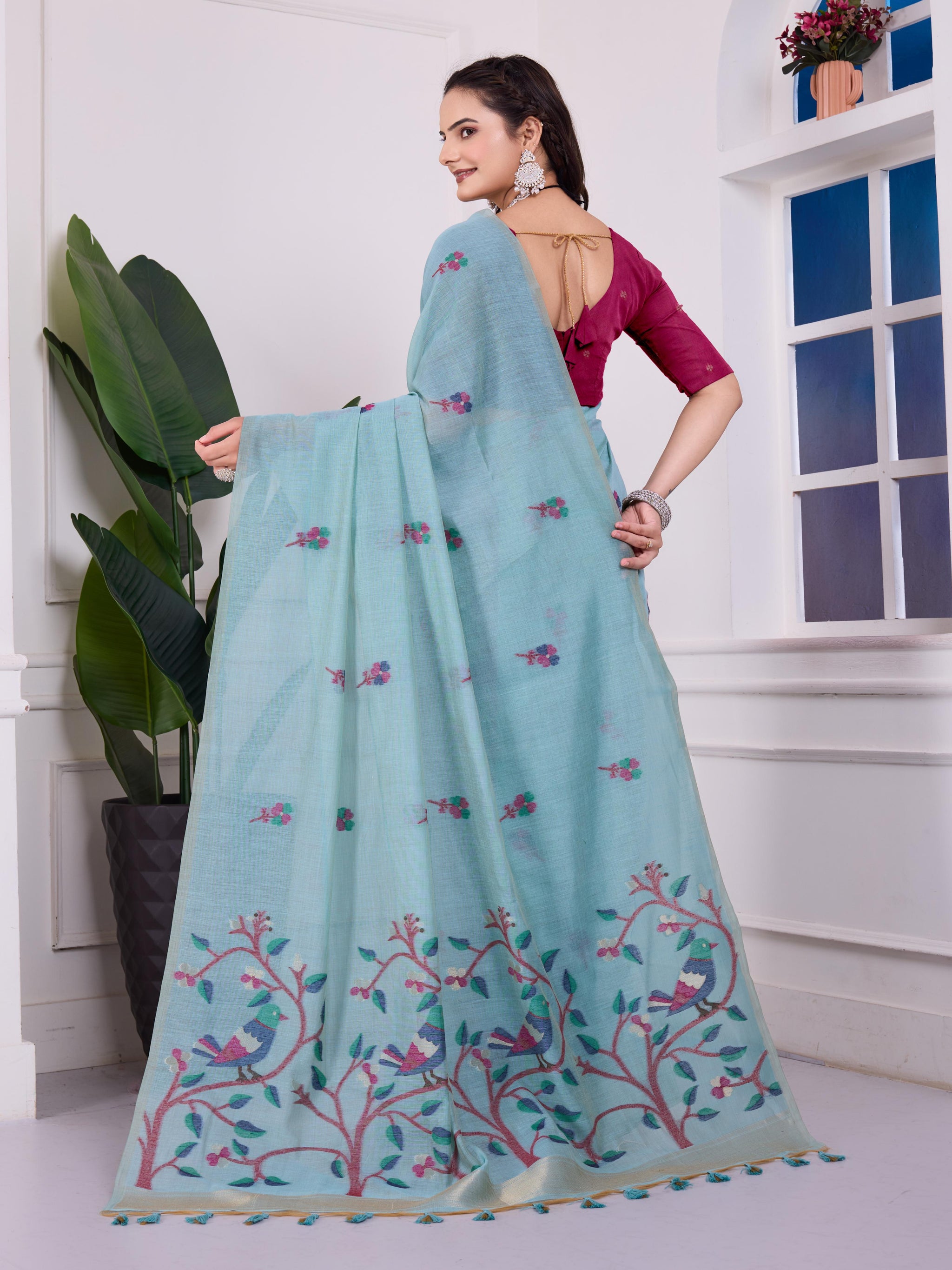 Shailja Frozen Sky Blue Muga Cotton Jamdani Saree With Contrast Blouse