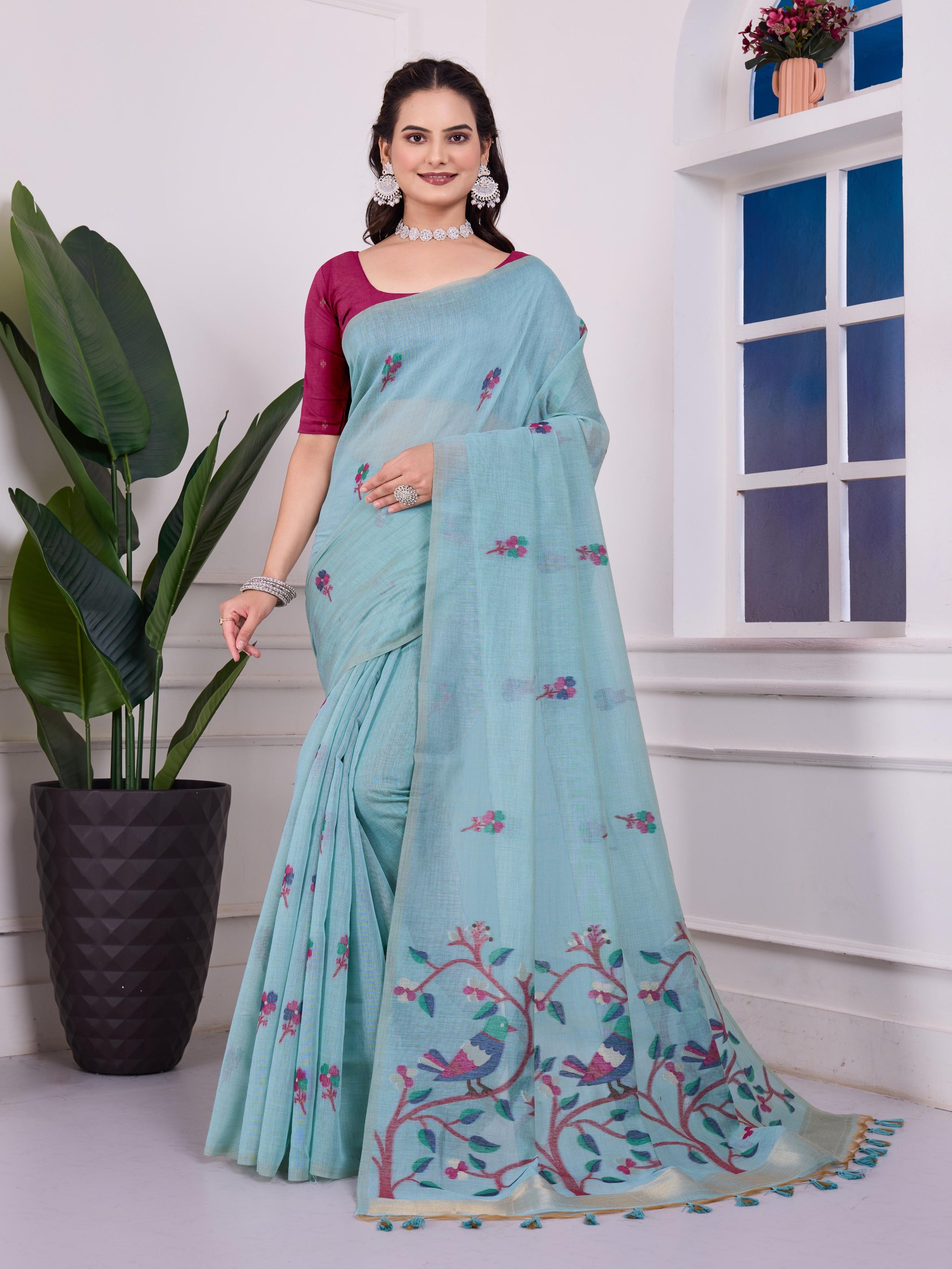 Shailja Frozen Sky Blue Muga Cotton Jamdani Saree With Contrast Blouse