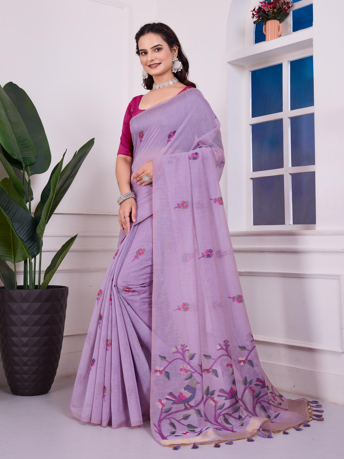 Shailja Moonlight Lavender Muga Cotton Jamdani Saree With Contrast Blouse