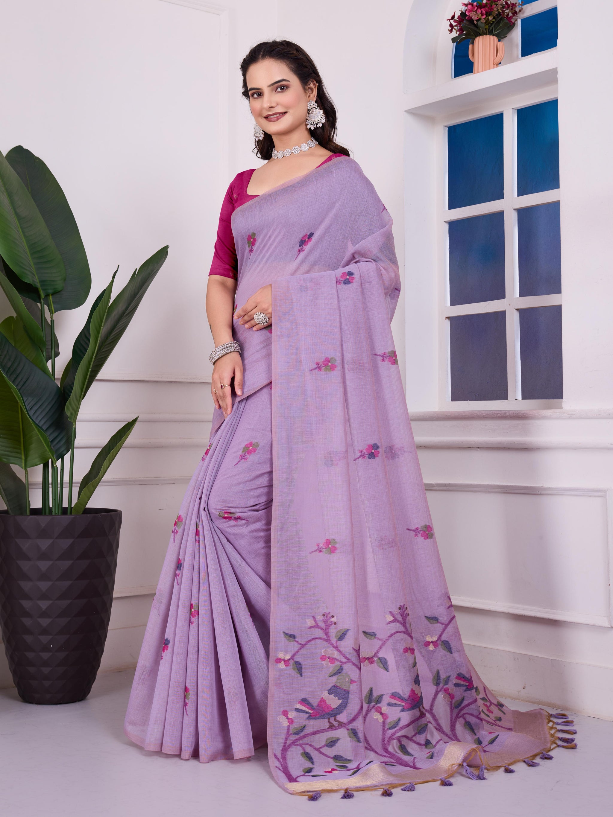 Shailja Moonlight Lavender Muga Cotton Jamdani Saree With Contrast Blouse