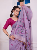 Shailja Moonlight Lavender Muga Cotton Jamdani Saree With Contrast Blouse