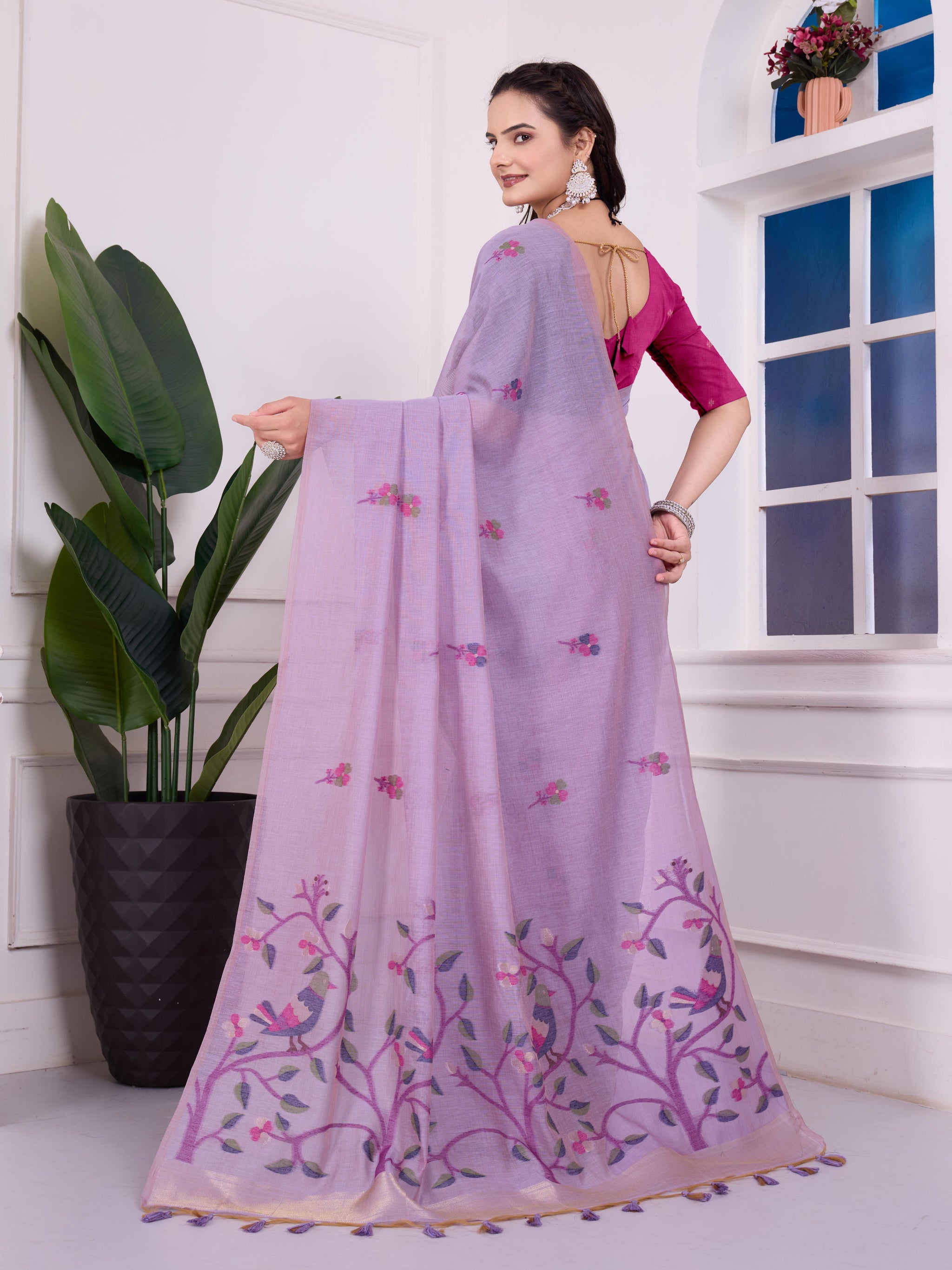 Shailja Moonlight Lavender Muga Cotton Jamdani Saree With Contrast Blouse
