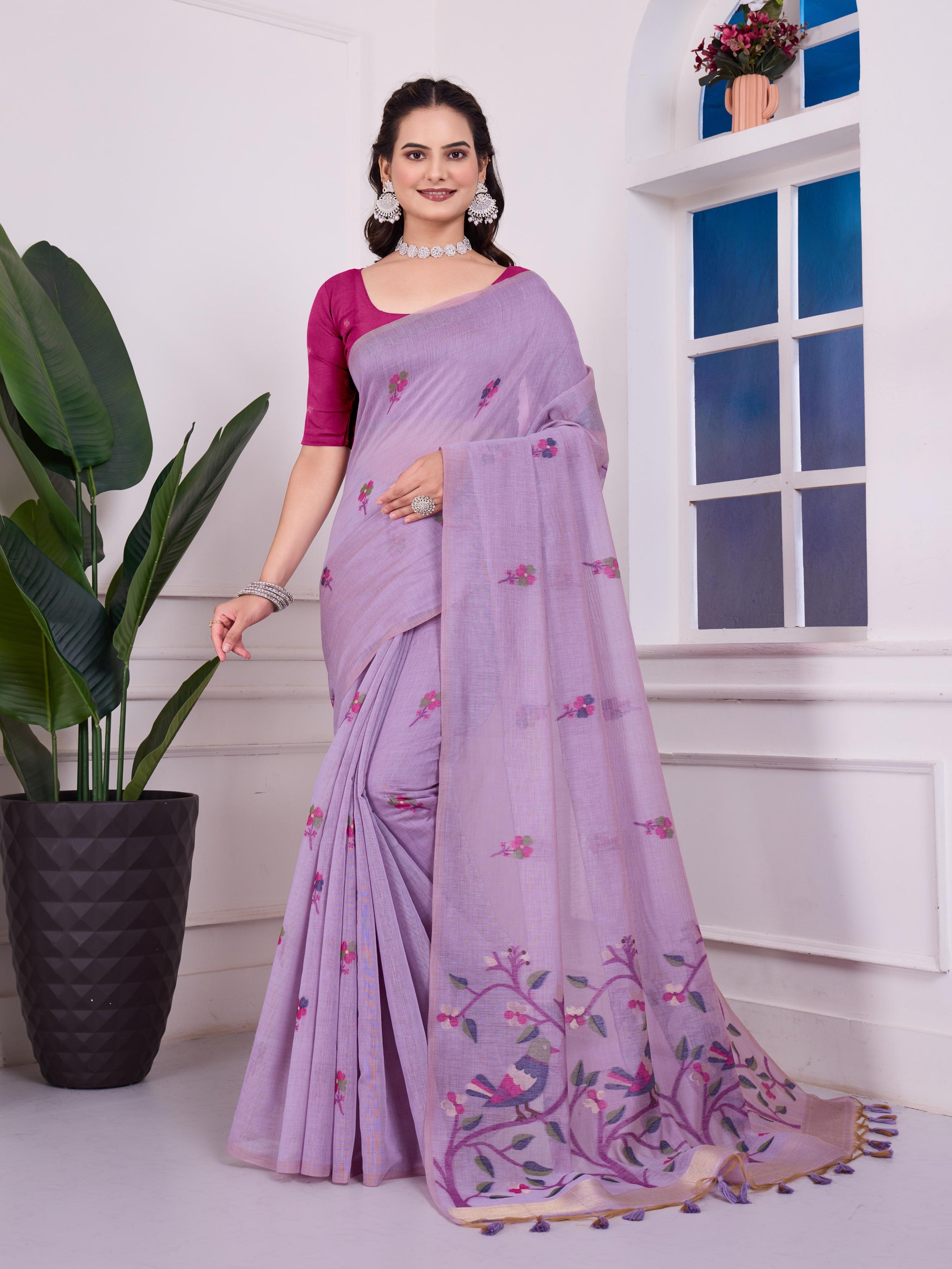 Shailja Moonlight Lavender Muga Cotton Jamdani Saree With Contrast Blouse