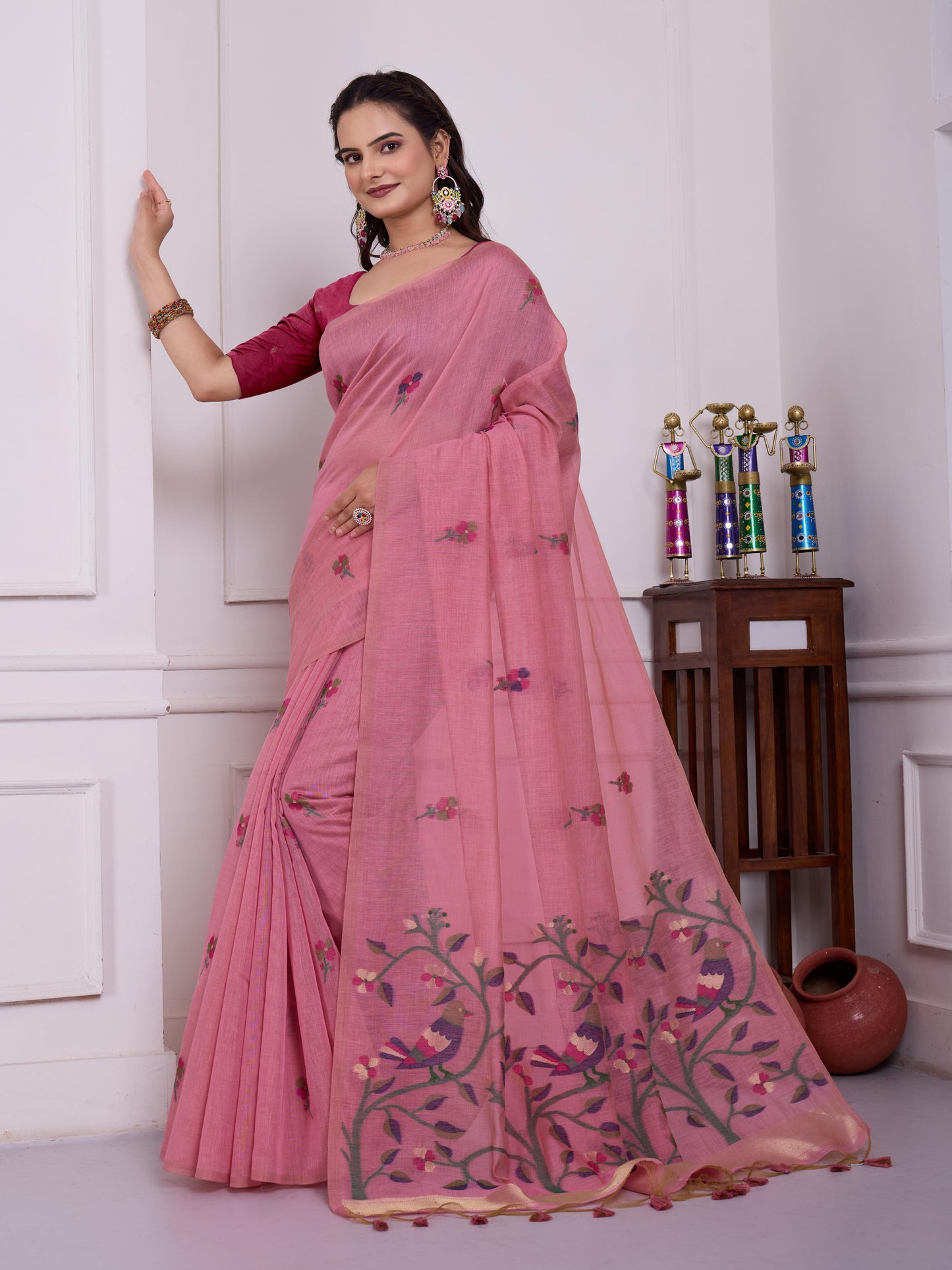 Shailja Peony Pink Muga Cotton Jamdani Saree With Contrast Blouse