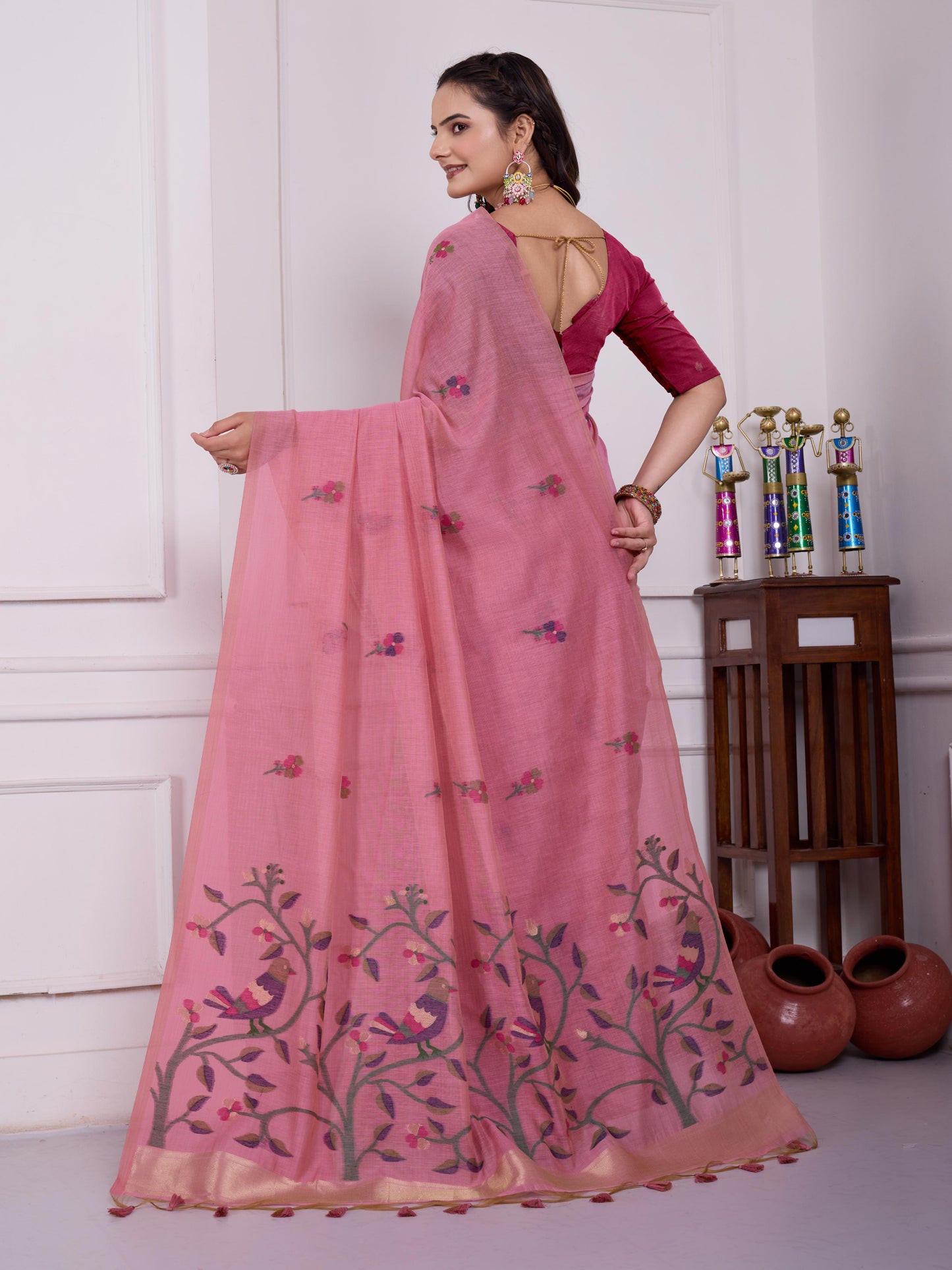 Shailja Peony Pink Muga Cotton Jamdani Saree With Contrast Blouse
