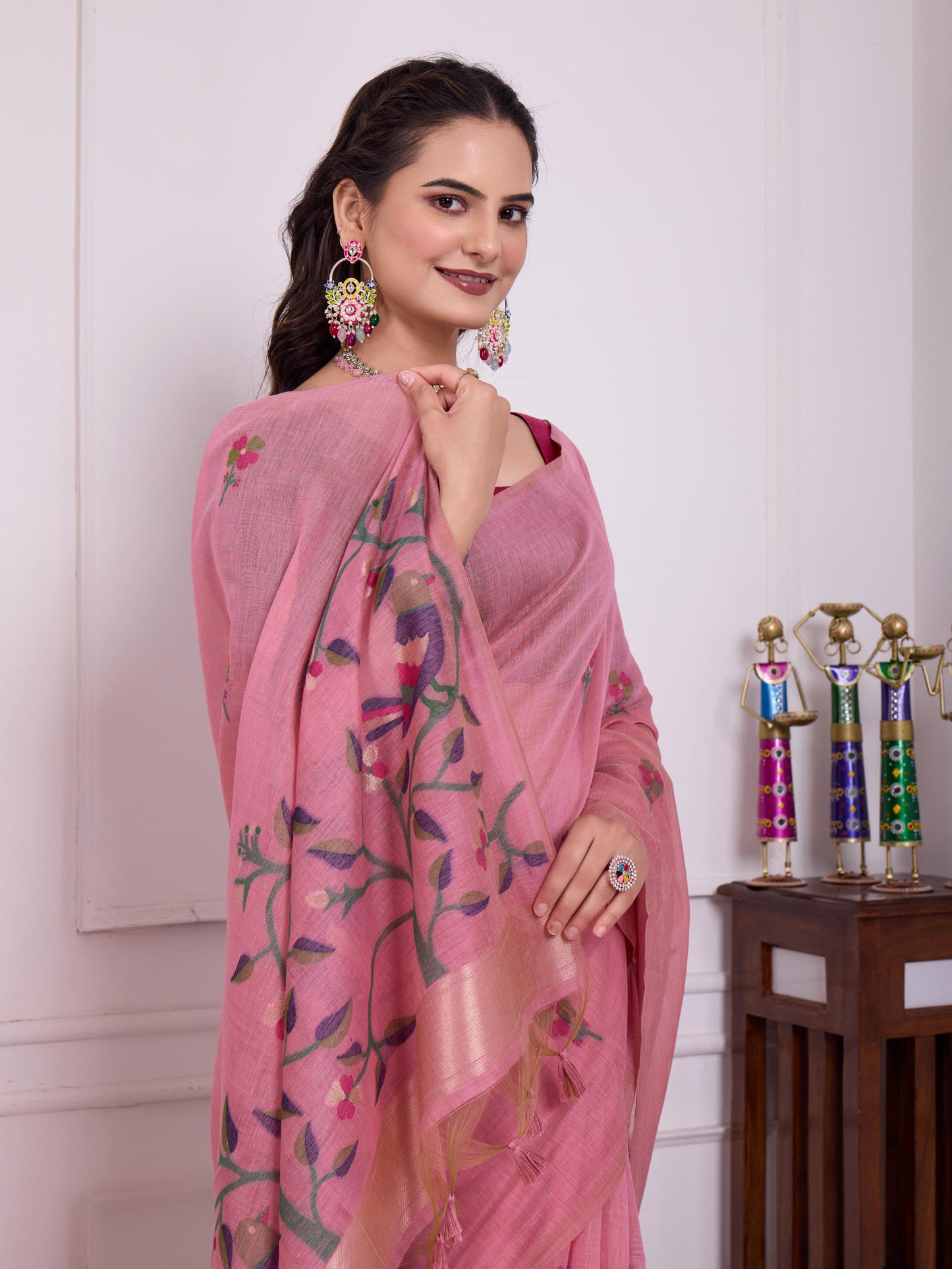 Shailja Peony Pink Muga Cotton Jamdani Saree With Contrast Blouse
