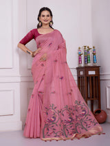Shailja Peony Pink Muga Cotton Jamdani Saree With Contrast Blouse