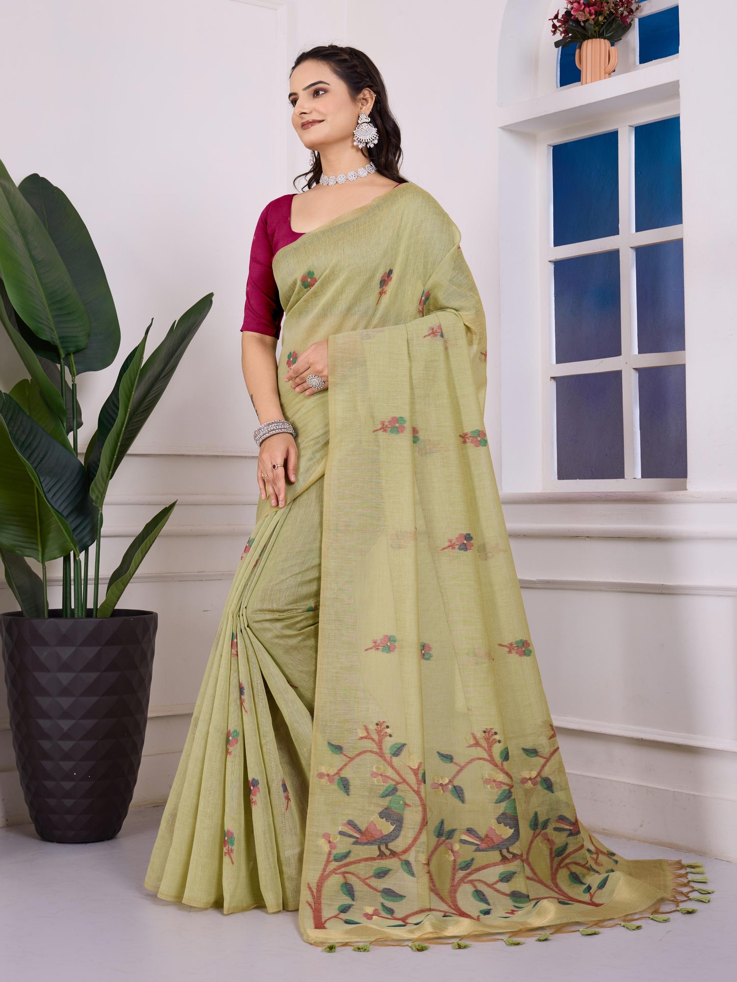 Shailja Pale Pista Muga Cotton Jamdani Saree With Contrast Blouse