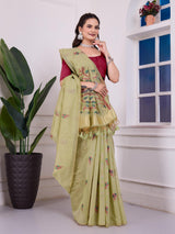 Shailja Pale Pista Muga Cotton Jamdani Saree With Contrast Blouse