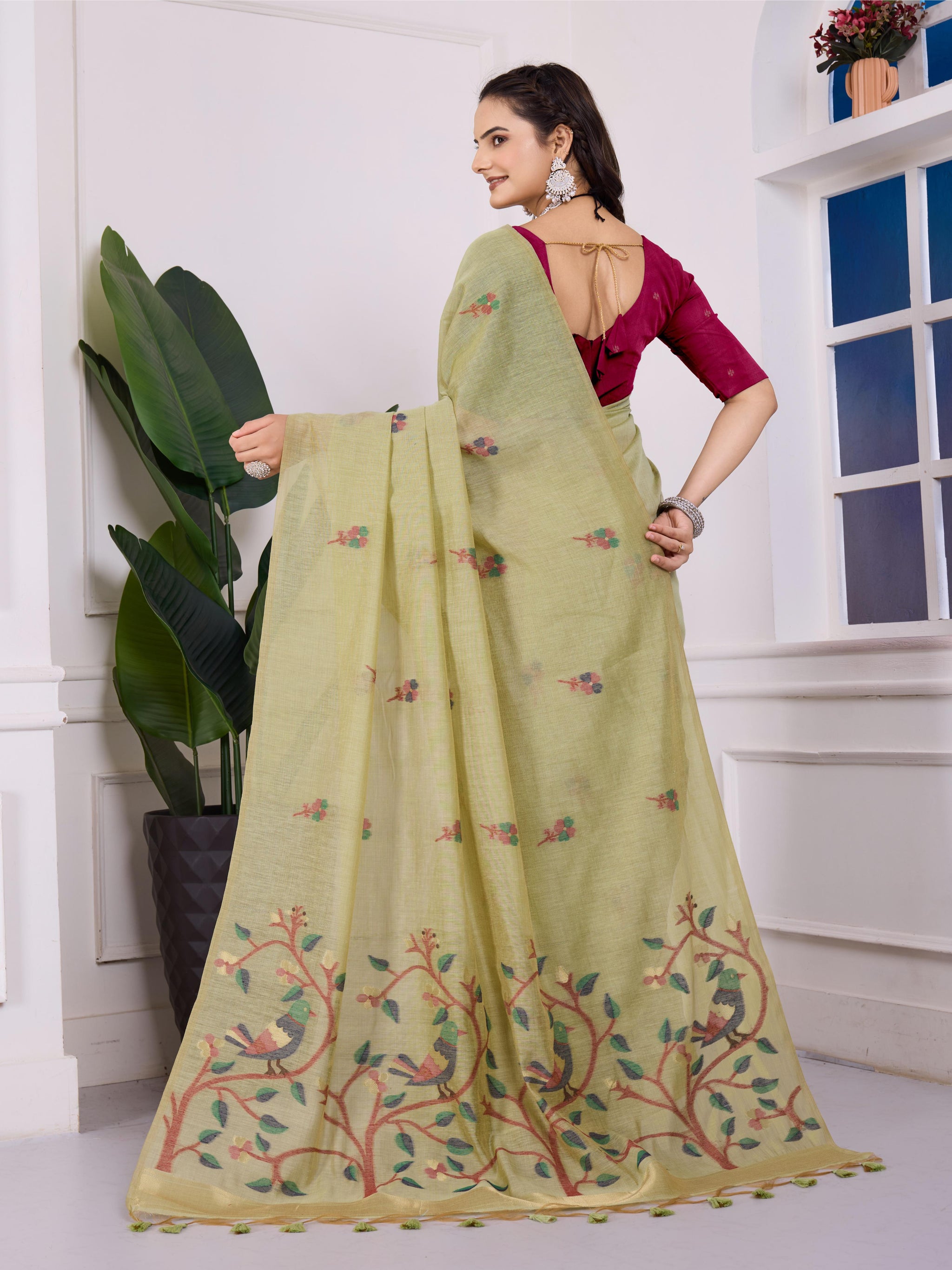 Shailja Pale Pista Muga Cotton Jamdani Saree With Contrast Blouse