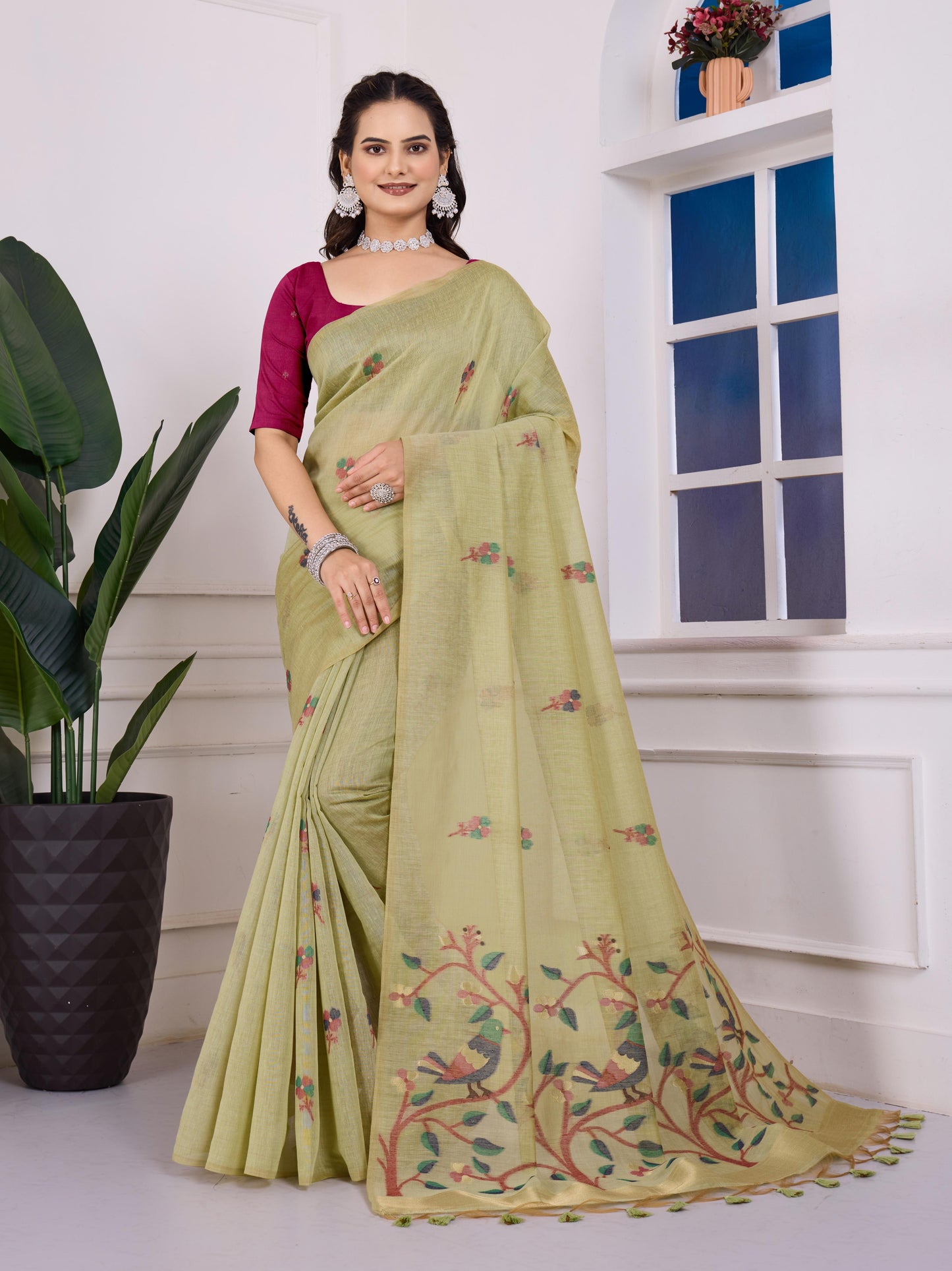 Shailja Pale Pista Muga Cotton Jamdani Saree With Contrast Blouse