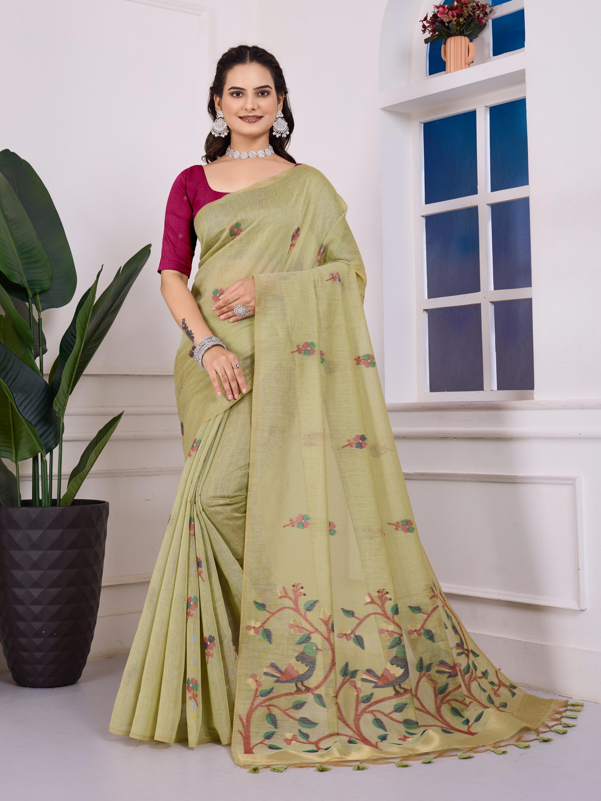 Shailja Pale Pista Muga Cotton Jamdani Saree With Contrast Blouse