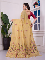 Shailja Mellow Yellow Muga Cotton Jamdani Saree With Contrast Blouse