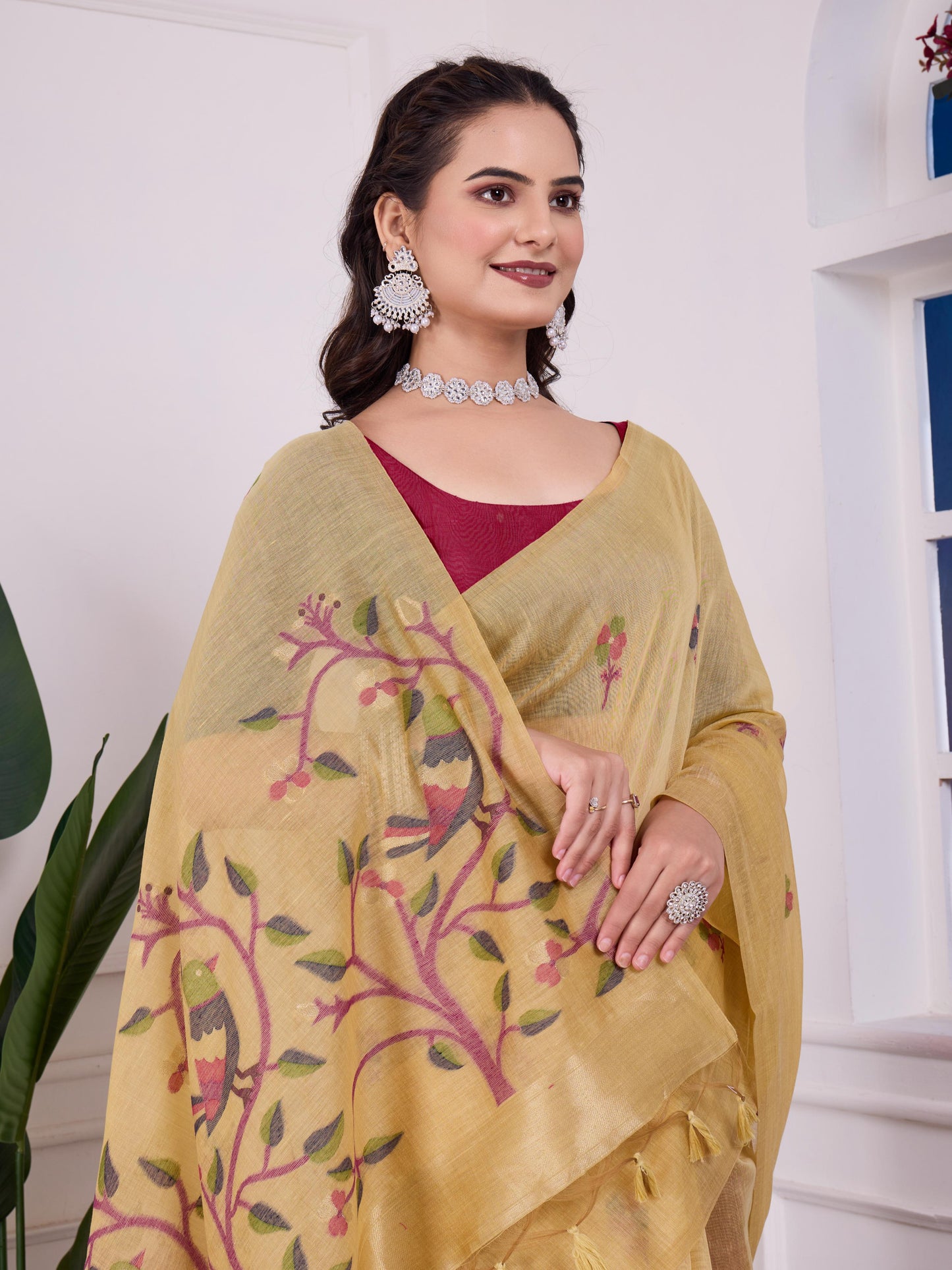Shailja Mellow Yellow Muga Cotton Jamdani Saree With Contrast Blouse