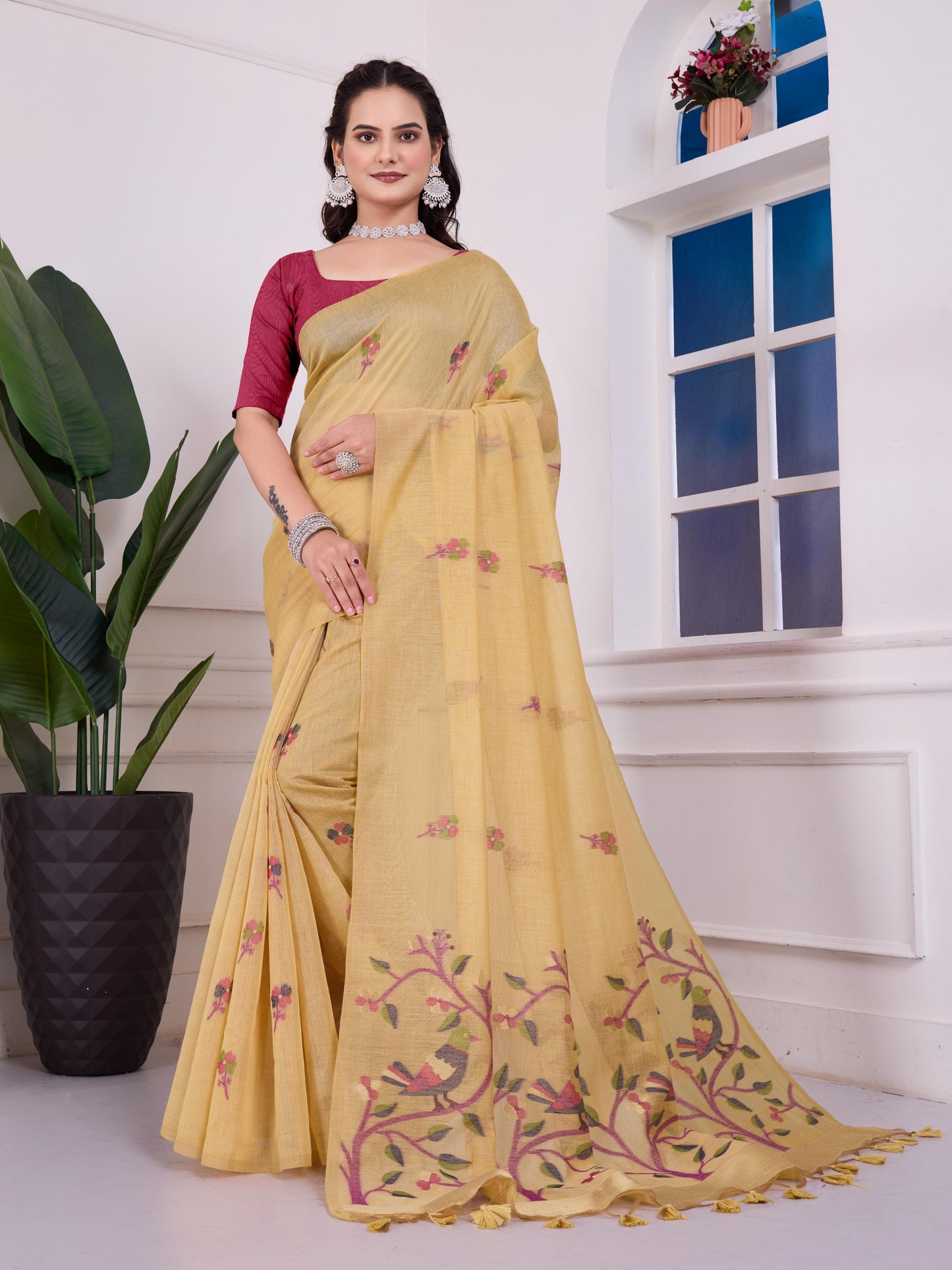 Shailja Mellow Yellow Muga Cotton Jamdani Saree With Contrast Blouse
