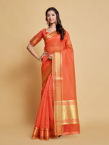 Siya Peach Orange Solid Zari Design Organza Saree
