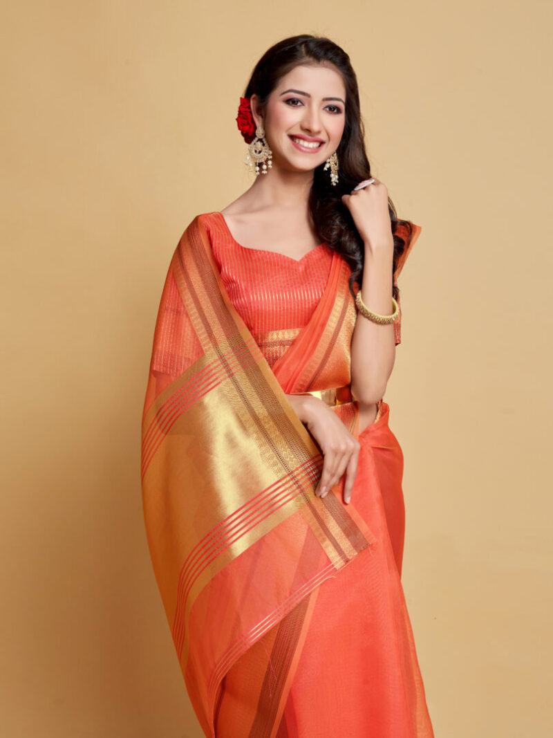 Siya Peach Orange Solid Zari Design Organza Saree