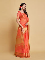 Siya Peach Orange Solid Zari Design Organza Saree