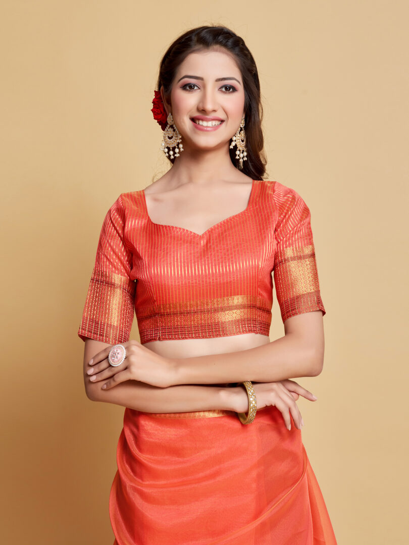 Siya Peach Orange Solid Zari Design Organza Saree