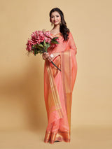 Siya Salmon Pink Solid Zari Design Organza Saree