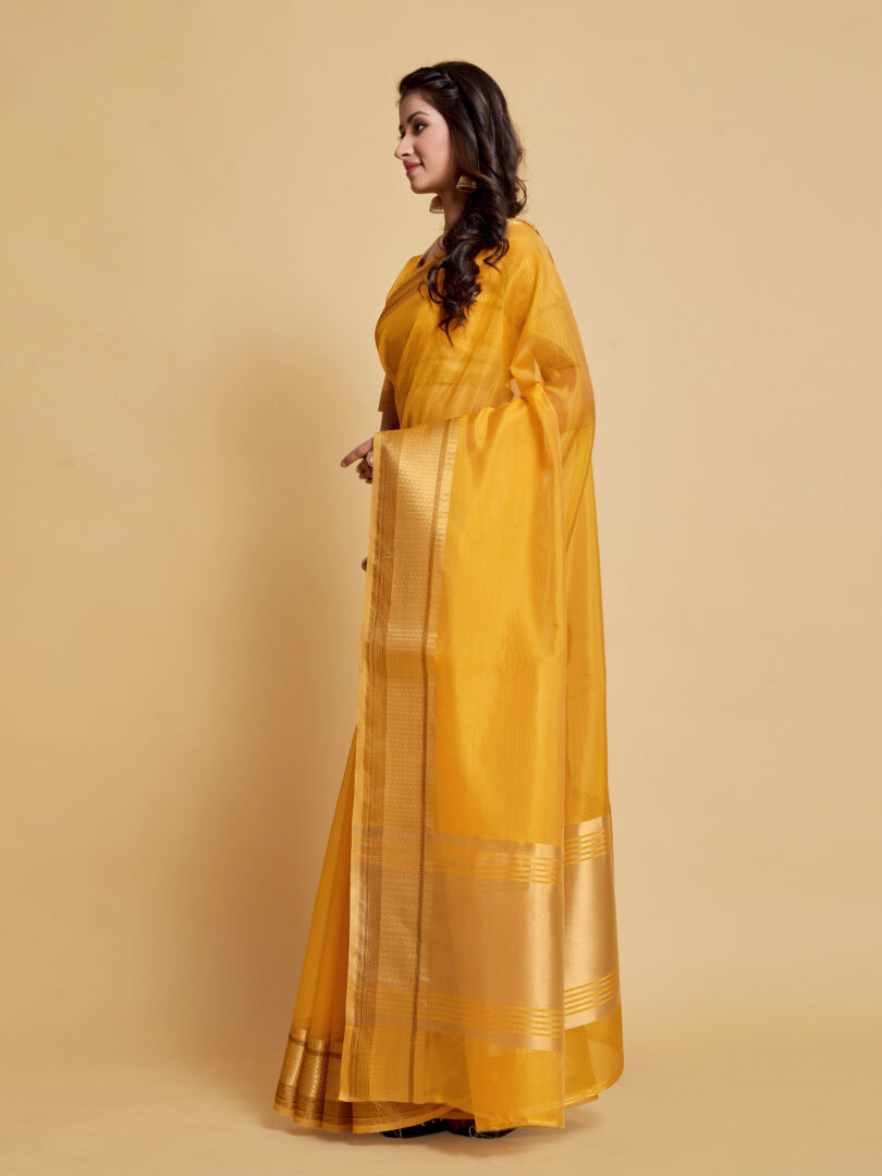 Siya Butterscotch Yellow Solid Zari Design Organza Saree