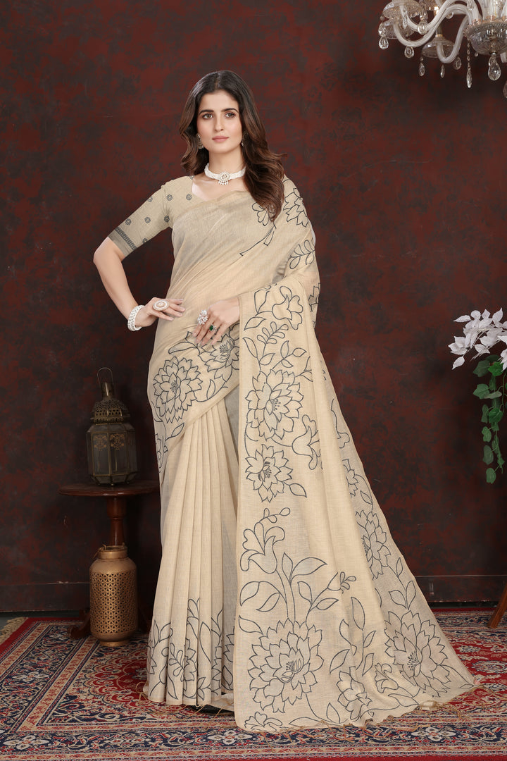 Sketch Beige & Black Pure Mul Cotton Jamdani Saree