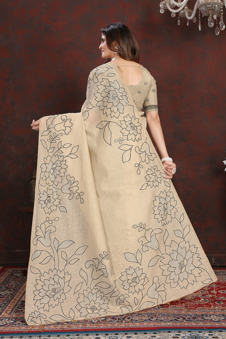 Sketch Beige & Black Pure Mul Cotton Jamdani Saree