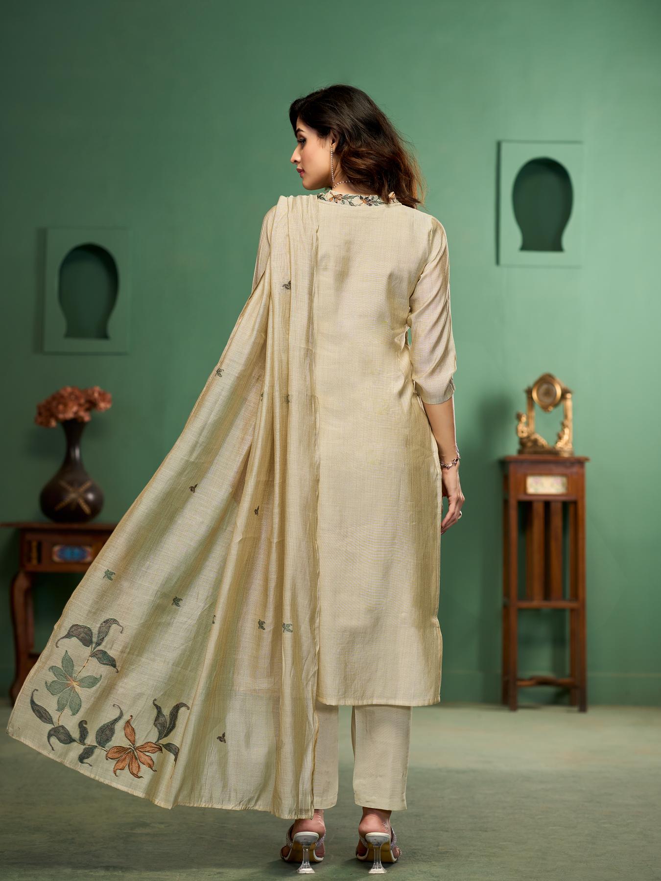 Silk Petals Beige Viscose Cotton Stitched Suit Sets