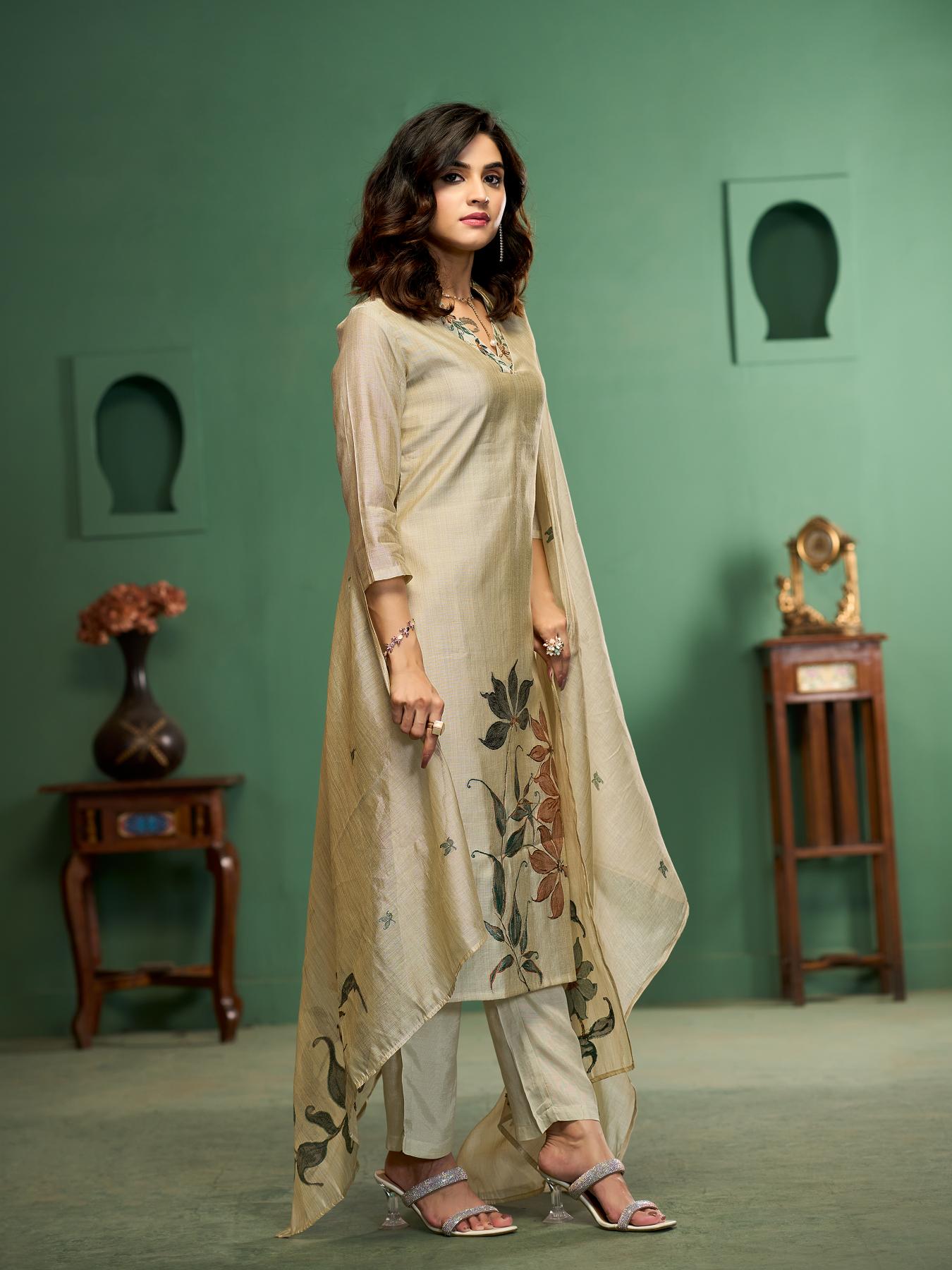 Silk Petals Beige Viscose Cotton Stitched Suit Sets