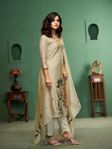 Silk Petals Beige Viscose Cotton Stitched Suit Sets