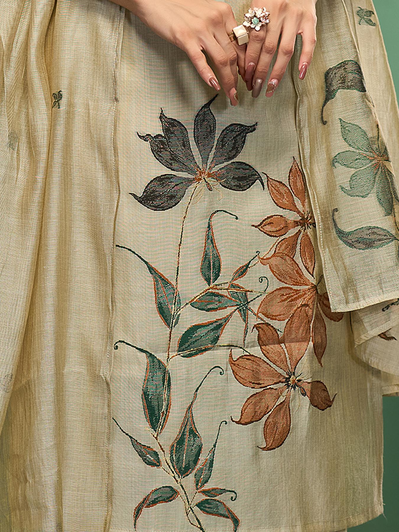 Silk Petals Beige Viscose Cotton Stitched Suit Sets