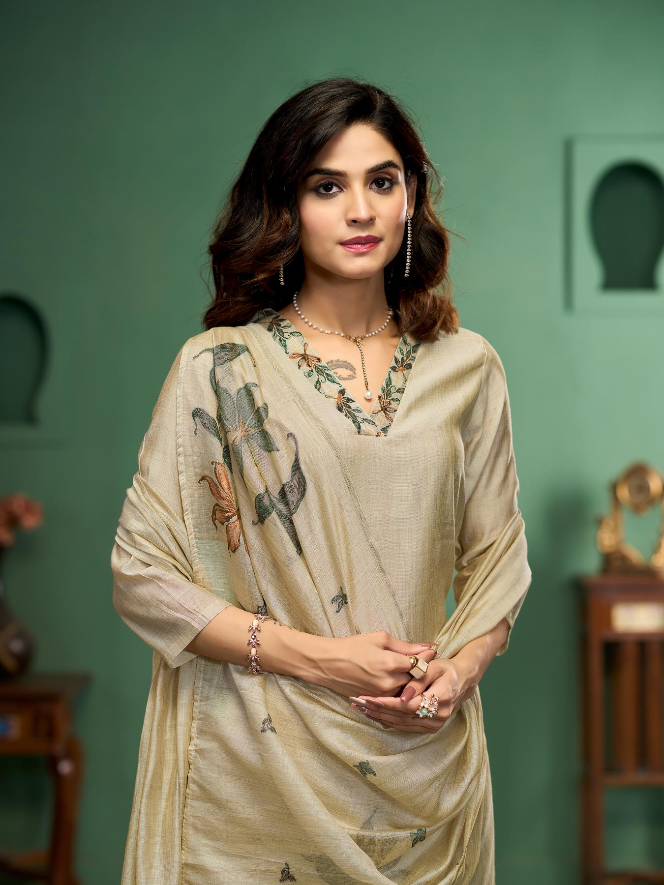Silk Petals Beige Viscose Cotton Stitched Suit Sets